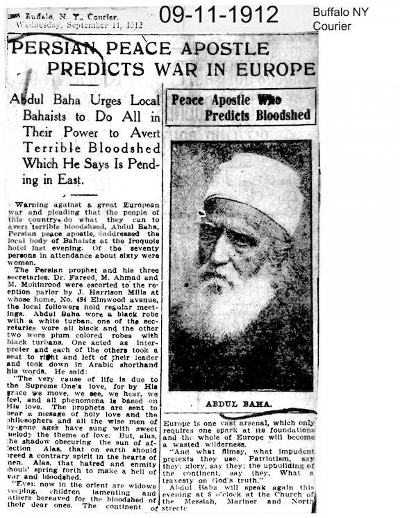 پیش‌بینی جنگ توسّط عبدالبهاء، ۱۱ سپتامبر ۱۹۱۲