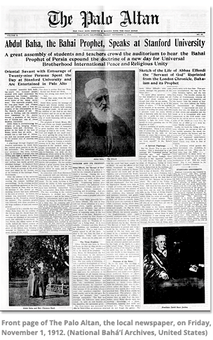 خبر سخنرانی عبدالبهاء در دانشگاه استنفورد در روزنامه محلّی